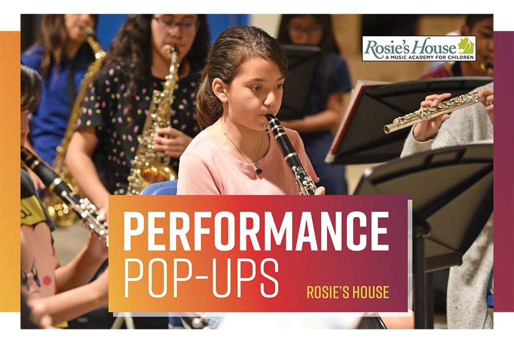 Photo of a school band with a focus young girl playing a clarinet. A banner overlays the image with the text, "Performance Pop-Ups."